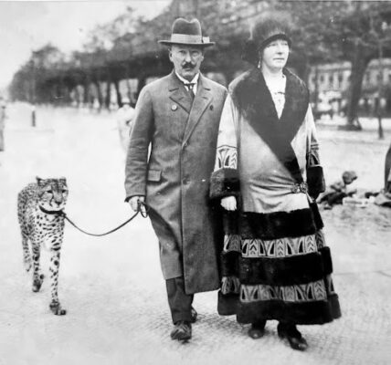 Carl und Ida Krone schlendern mit ihrem Geparden durch Berlin, 1924